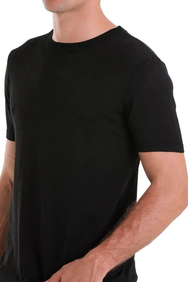 Black Slim Fit Plain Crew Neck Rayon Knit T-Shirt - 5