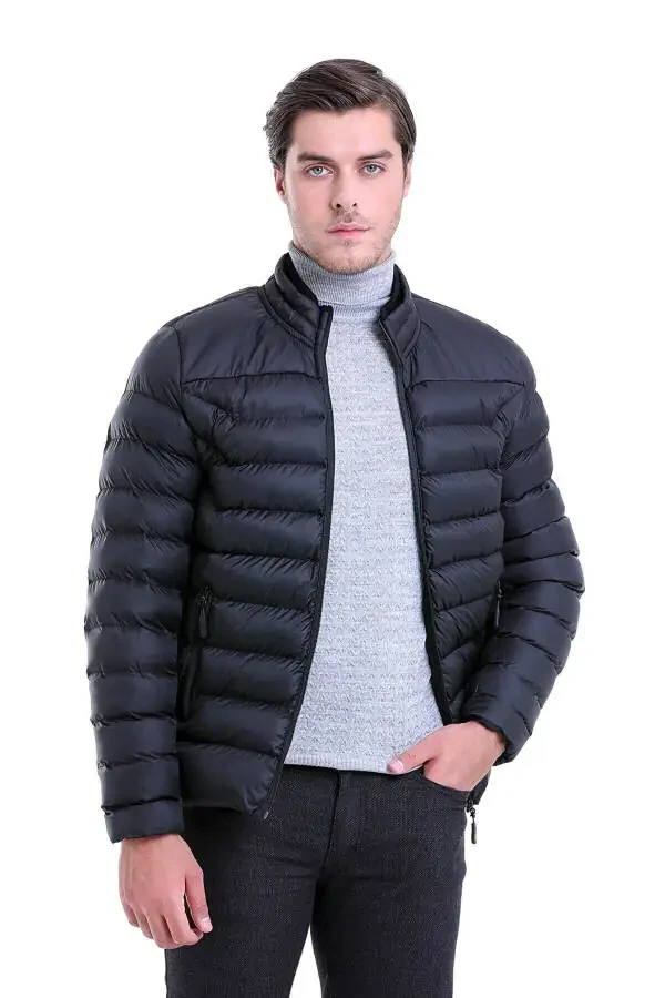 Black Slim Fit Plain Efes Collar Puffer - 2