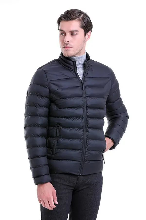 Black Slim Fit Plain Efes Collar Puffer - 3