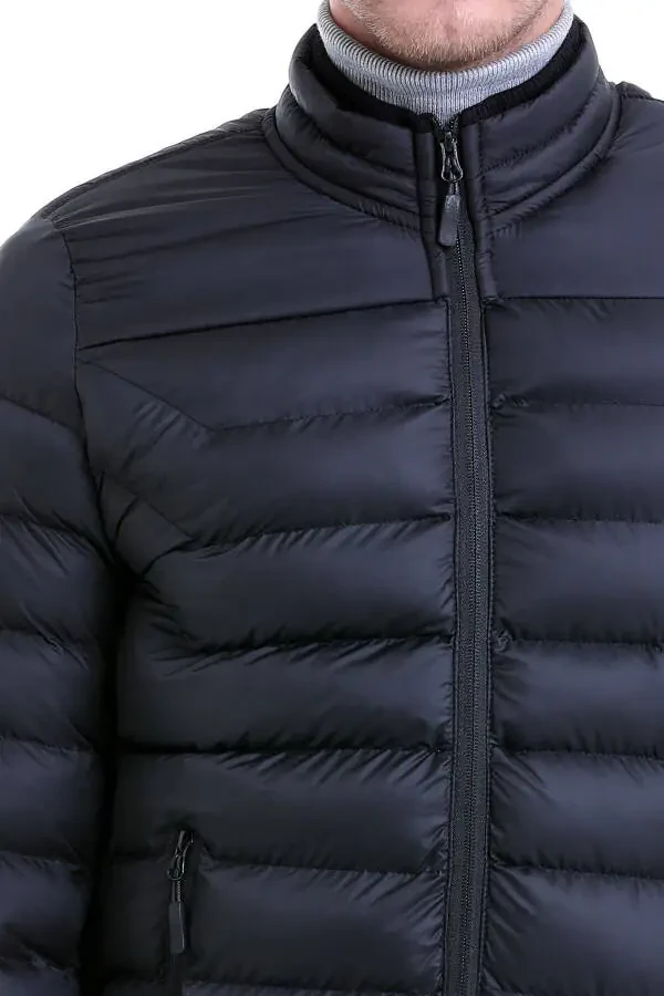 Black Slim Fit Plain Efes Collar Puffer - 5