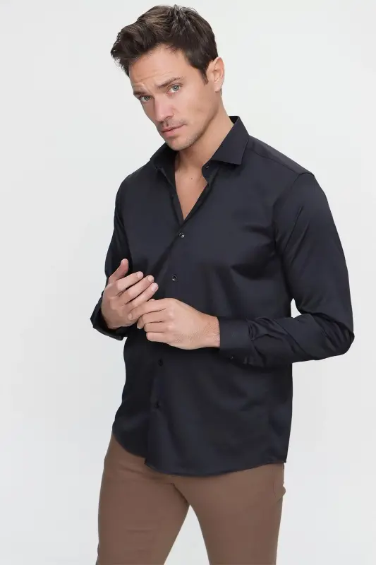 Black Slim Fit Plain Hard Collar Easy Iron Long Sleeve Shirt (GIFT BOXED) - 2
