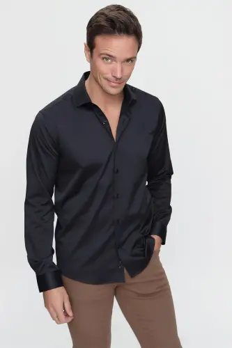 Black Slim Fit Plain Hard Collar Easy Iron Long Sleeve Shirt (GIFT BOXED) - 4