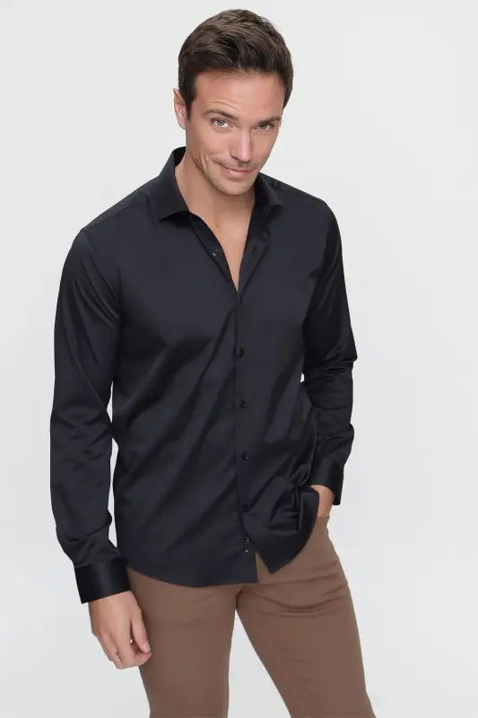 Black Slim Fit Plain Hard Collar Easy Iron Long Sleeve Shirt (GIFT BOXED) - 4