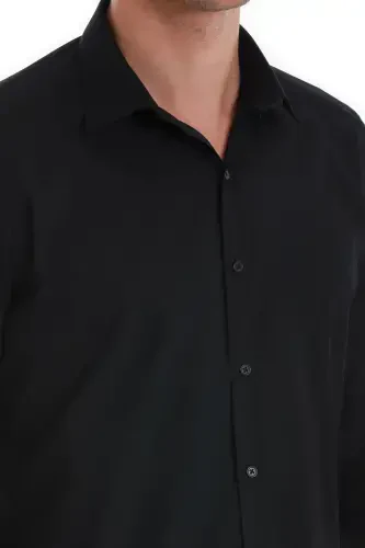 Black Slim Fit Plain Slim Collar Cotton Long Sleeve Sh - 5