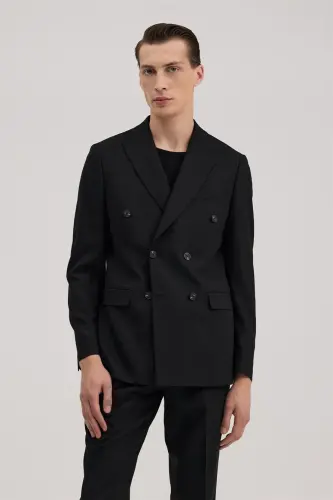 Black Slim Fit Pointed Collar Suit - JAKAMEN (1)