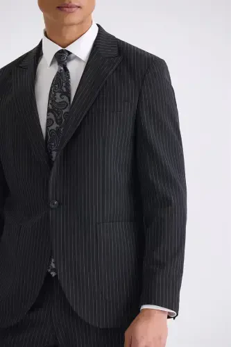 Black Slim Fit Pointy Collar Stretch Striped Jogger Suit - 3