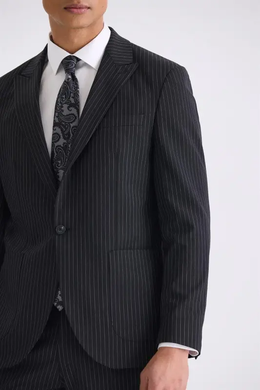 Black Slim Fit Pointy Collar Stretch Striped Jogger Suit - 3