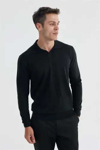 Black Slim Fit Polo Collar Knit Sweater 
