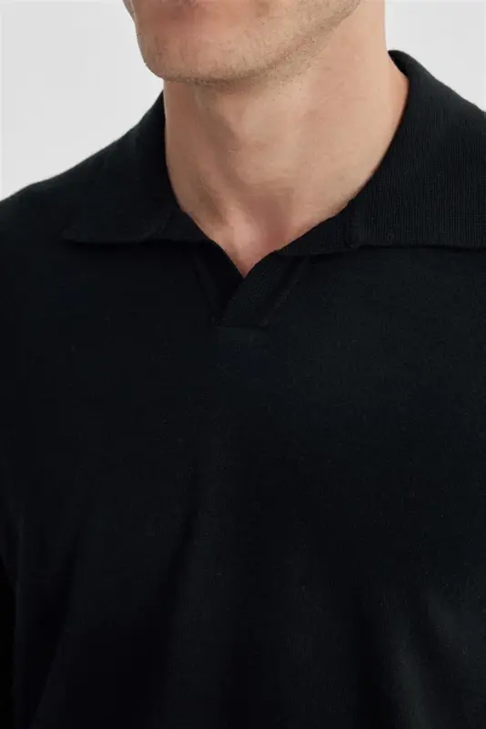 Black Slim Fit Polo Collar Knit Sweater - 3