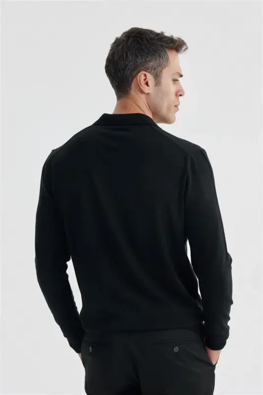 Black Slim Fit Polo Collar Knit Sweater - 4