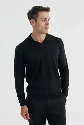 Black Slim Fit Polo Neck Knit Sweater 