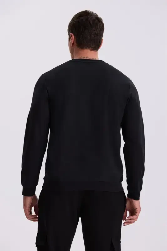Black Slim Fit Printed Crew Neck 100% Cotton Sweatshirt - 3