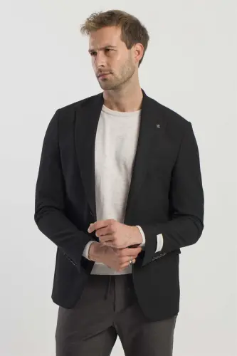 Black Slim Fit Printed Peak Lapel Jacket - 1