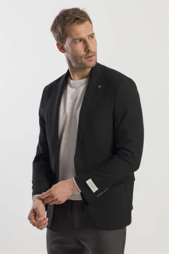 Black Slim Fit Printed Peak Lapel Jacket - 2
