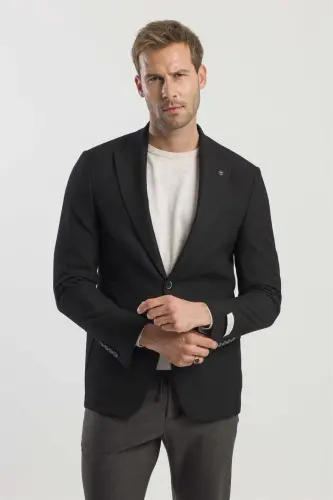 Black Slim Fit Printed Peak Lapel Jacket - 3