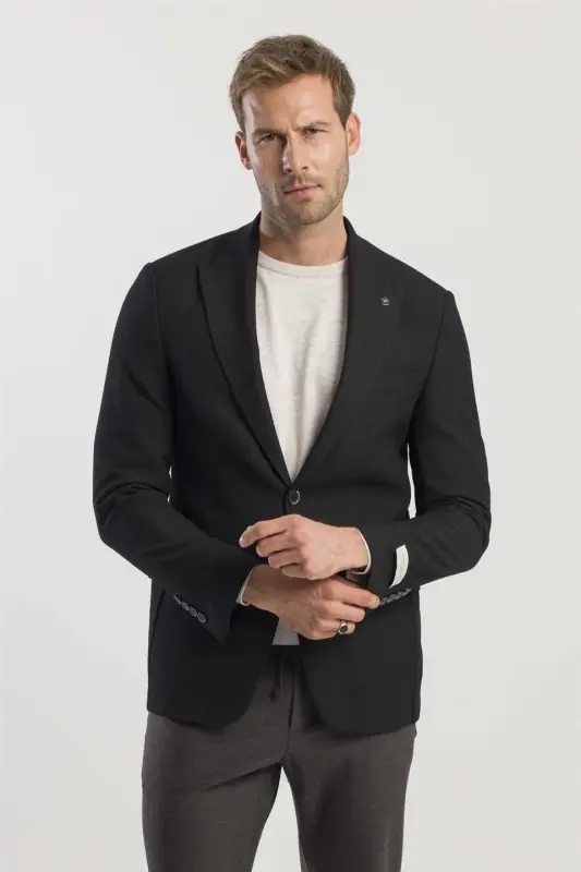Black Slim Fit Printed Peak Lapel Jacket - 3