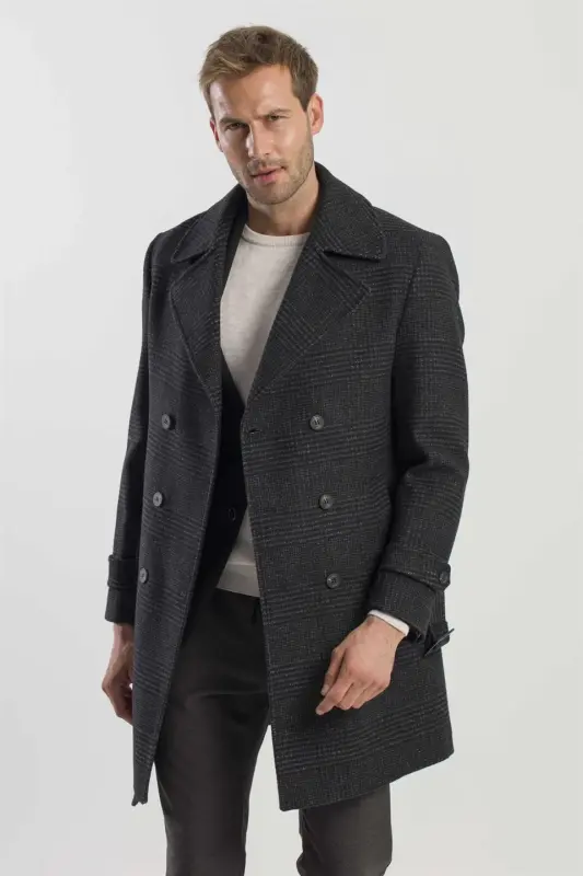 Black Slim Fit Sailor Collar Checked Wool Coat - 2