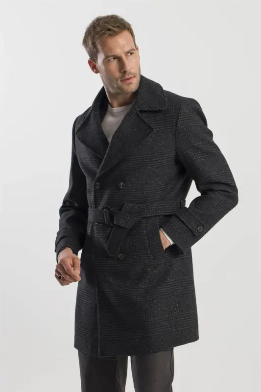 Black Slim Fit Sailor Collar Checked Wool Coat - 3
