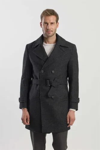 Black Slim Fit Sailor Collar Plaid Wool Coat - JAKAMEN