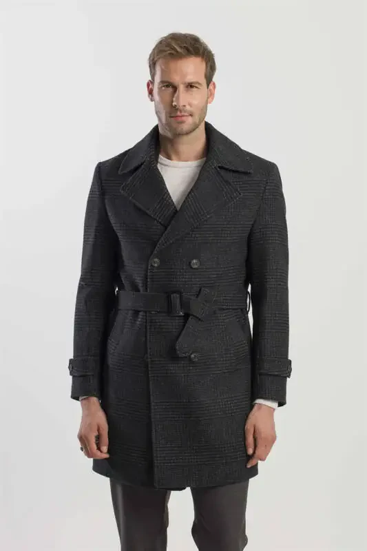 Black Slim Fit Sailor Collar Plaid Wool Coat - 1