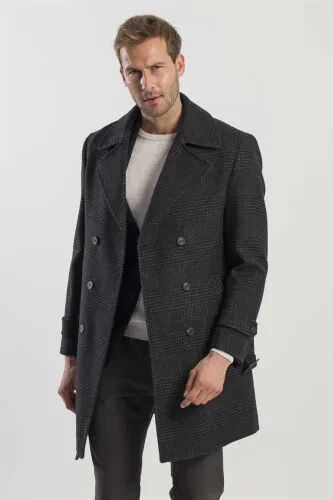 Black Slim Fit Sailor Collar Plaid Wool Coat - JAKAMEN (1)