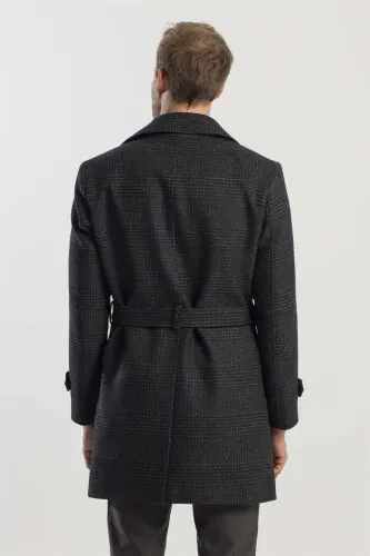 Black Slim Fit Sailor Collar Plaid Wool Coat - 4