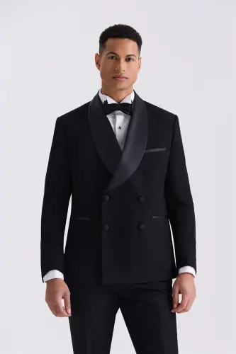 Black Slim Fit Shawl Collar Double Breasted Tuxedo Suit - 1