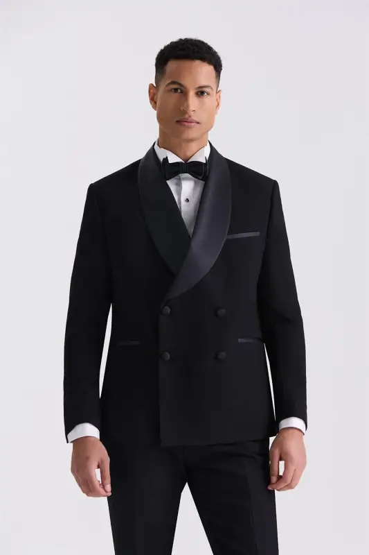 Black Slim Fit Shawl Collar Double Breasted Tuxedo Suit - JAKAMEN