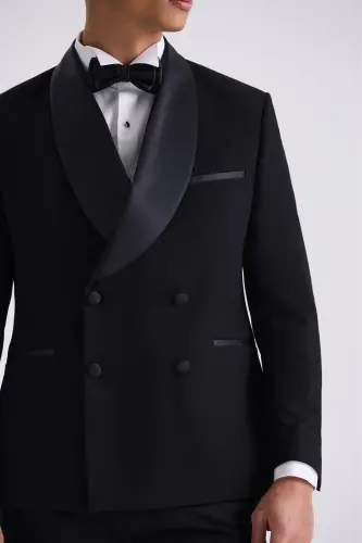 Black Slim Fit Shawl Collar Double Breasted Tuxedo Suit - 3