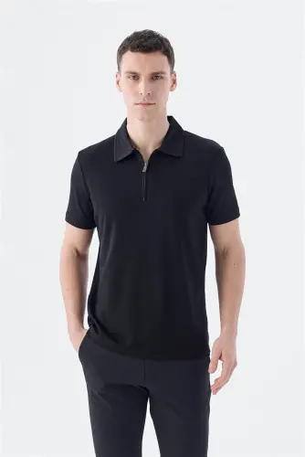 Black Slim Fit Shawl Collar T-Shirt - 1