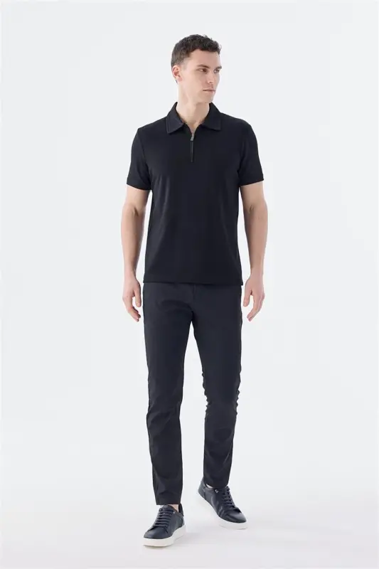 Black Slim Fit Shawl Collar T-Shirt - 2