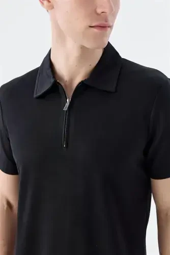Black Slim Fit Shawl Collar T-Shirt - 3