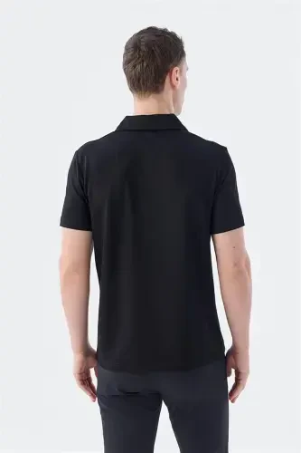 Black Slim Fit Shawl Collar T-Shirt - 4