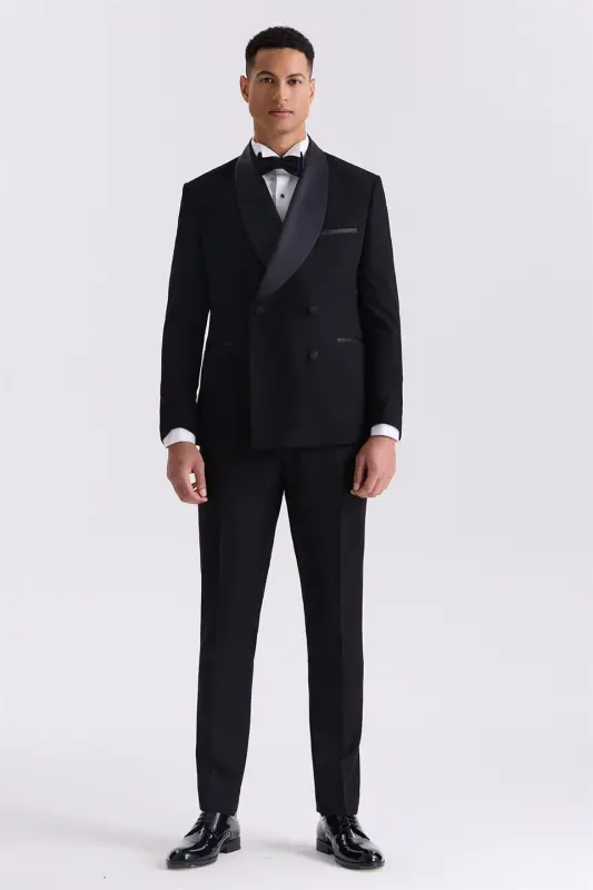 Black Slim Fit Shawl Lapel Double Breasted Tuxedo Suit - 2