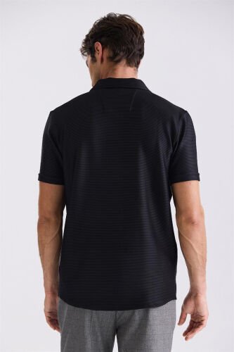 Black Slim Fit Shirt Collar Button Detailed T-Shirt - 4