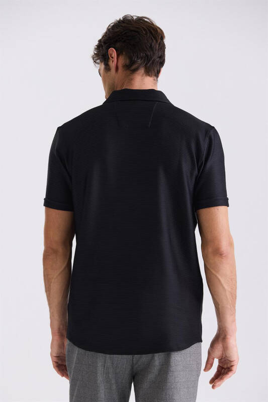 Black Slim Fit Shirt Collar Button Detailed T-Shirt - 4