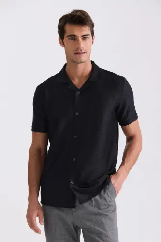 Black Slim Fit Shirt Collar Button Detailed T-Shirt - 1