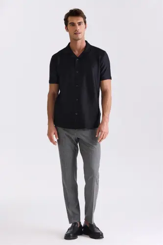 Black Slim Fit Shirt Collar Button Detailed T-Shirt - JAKAMEN (1)