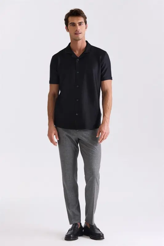 Black Slim Fit Shirt Collar Button Detailed T-Shirt - 2