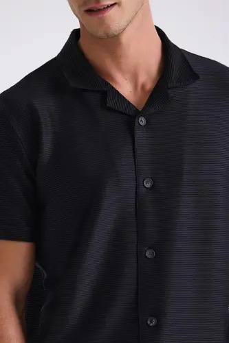 Black Slim Fit Shirt Collar Button Detailed T-Shirt - 3