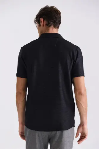 Black Slim Fit Shirt Collar Button Detailed T-Shirt - 4