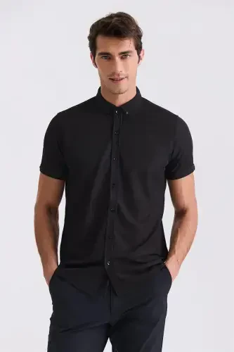 Black Slim Fit Shirt Collar Buttoned T-Shirt - JAKAMEN (1)