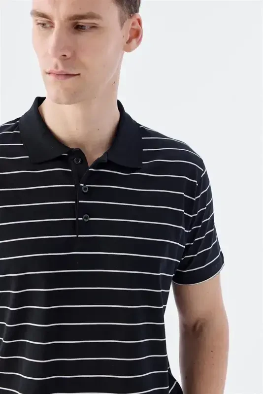 Black Slim Fit Striped 100% Cotton Polo Shirt - 3