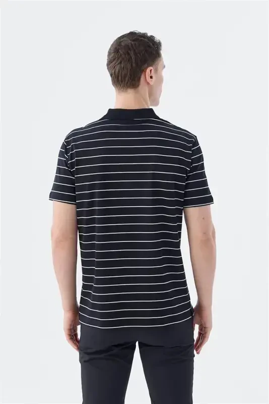 Black Slim Fit Striped 100% Cotton Polo Shirt - 4
