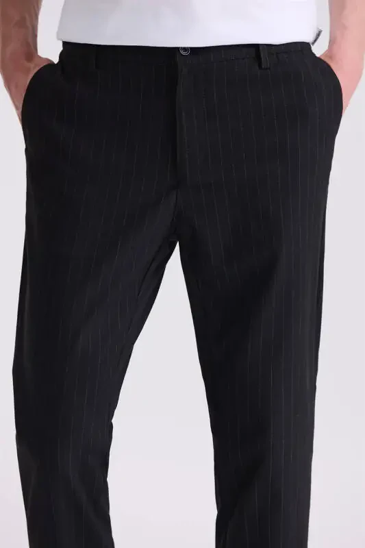 Black Slim Fit Striped Canvas Pants - 3