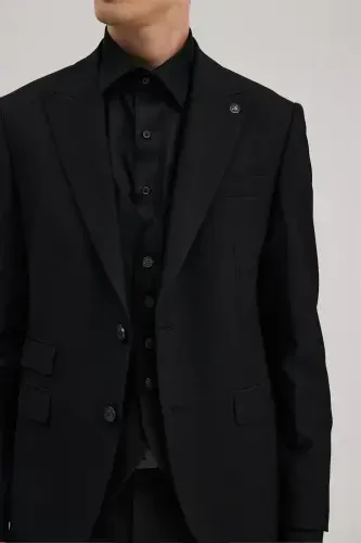 Black Slim Fit Swallow Collar Vest Suit - 3