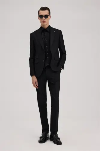 Black Slim Fit Swallow Collar Vest Suit - 1