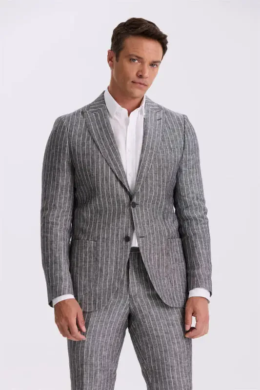 Black Slim Fit Swallow Tail Double-Vented 100% Linen Sports Suit - 1