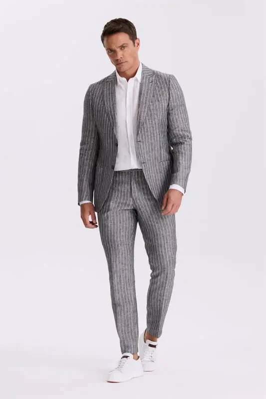 Black Slim Fit Swallow Tail Double-Vented 100% Linen Sports Suit - 2