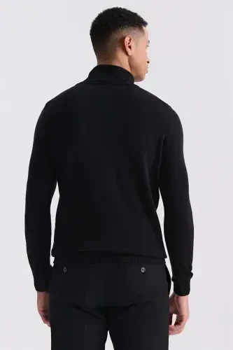 Black Slim Fit Turtleneck Patterned Knitted Pullover - 4